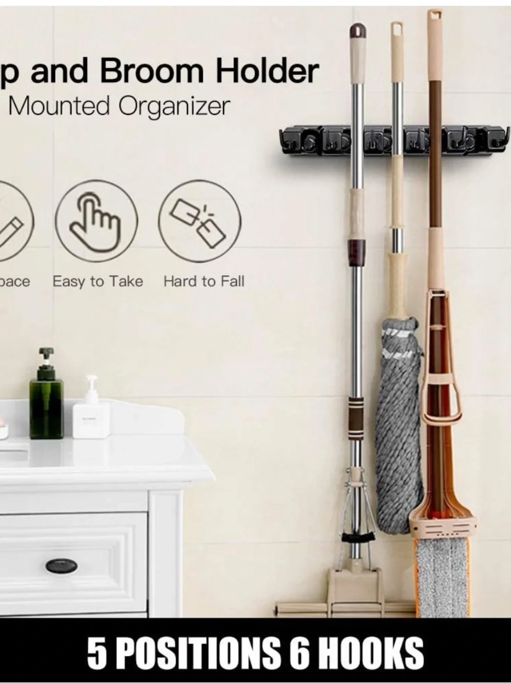 New. Mop and Broom Holder, Wall Mounted Organizer-5 Ball Slots and 6 Hooks